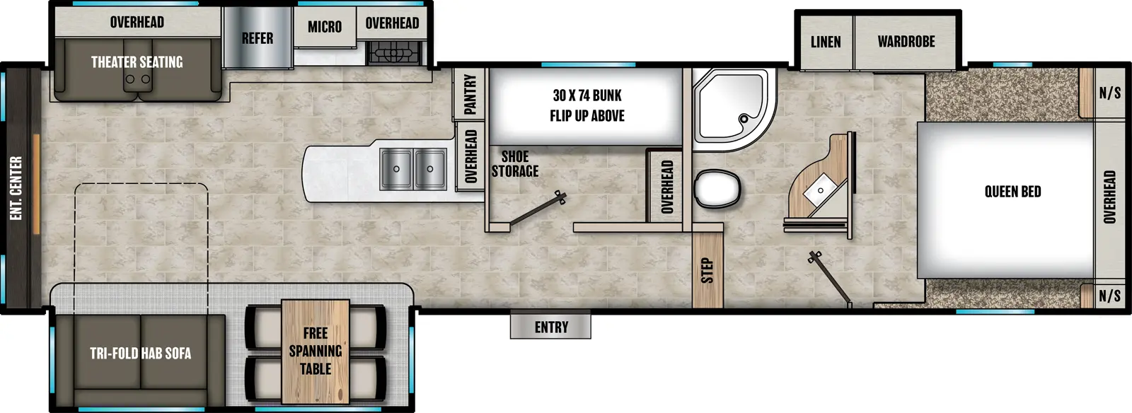 The Phoenix 30BH floorplan has one entry and three slide outs. Exterior features include: fiberglass exterior and 15' awning. Interiors features include: bunk beds, free-standing dinette option, front bedroom and rear living.